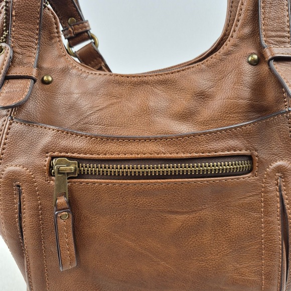 Clarks Brown Faux Leather Shoulder Bag Purse Leopard Lining Multi Pocket Satchel - Picture 3 of 16